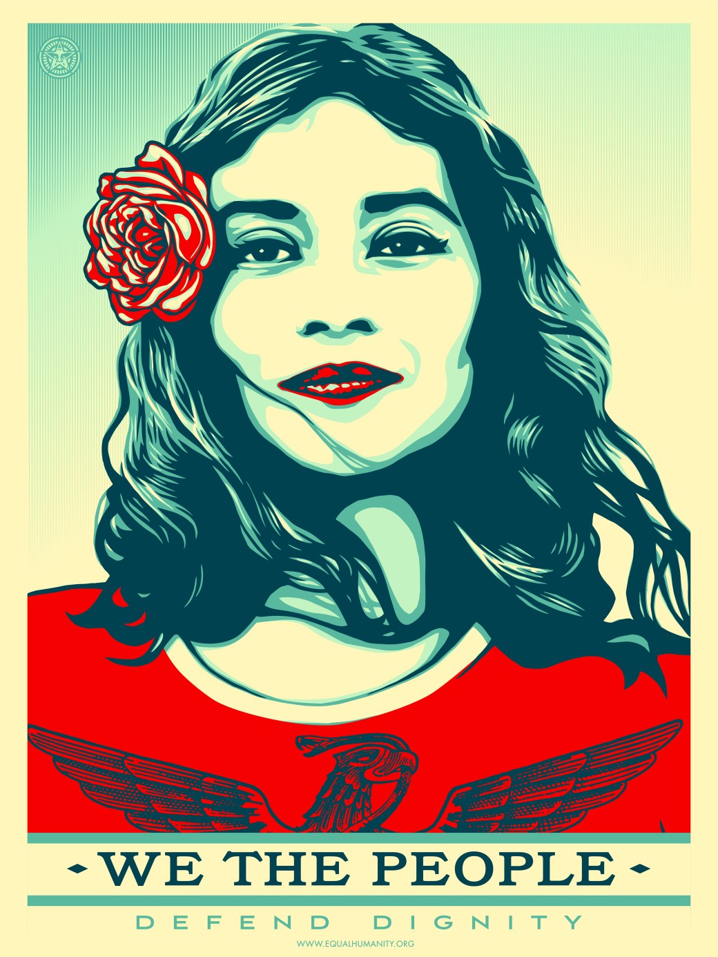 Image of woman gazing, caption We the people, defend dignity by Shepard Fairey